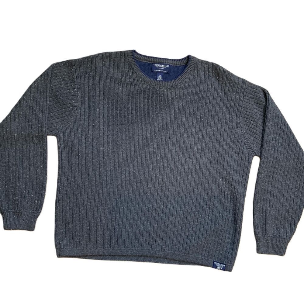 American Eagle Charcoal Ribbed Knit Crew Neck Wool Blend Grandpacore Sweater XL - Picture 1 of 11